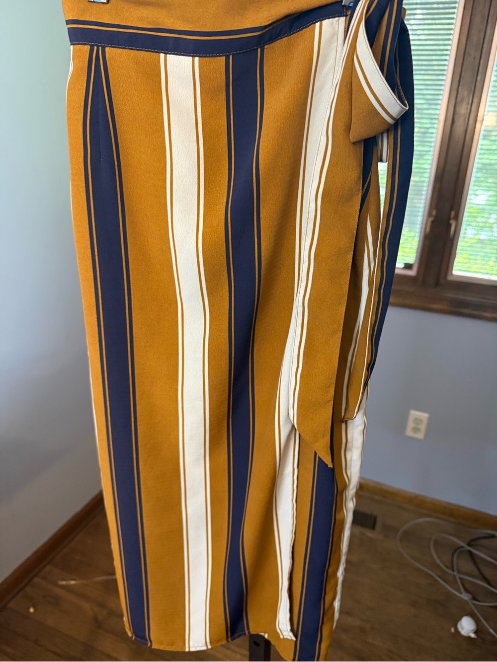 Striped Wrap Midi Skirt in Mustard, Navy & Cream